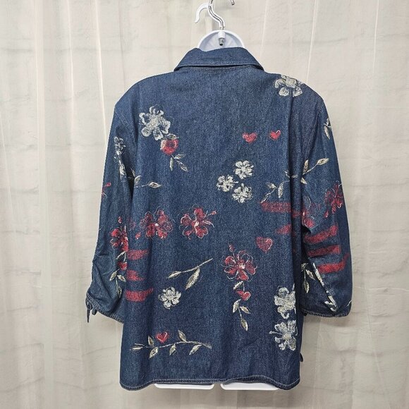 Vintage Blue Chambray Blouse "Painted" Floral Studded Ruched Boho Artsy 22W - Picture 7 of 12